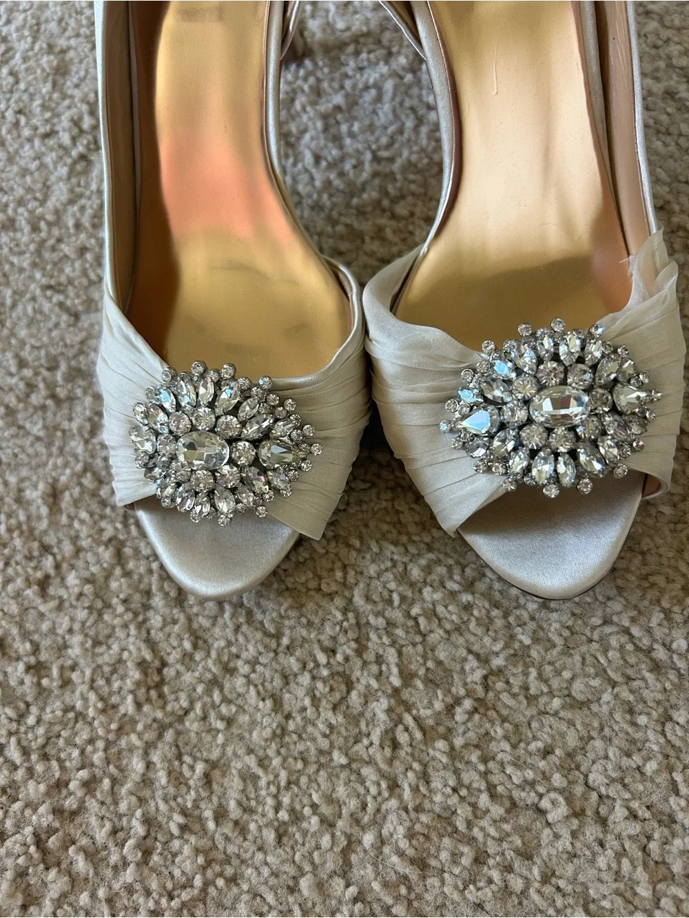 Badgley Mischka Ivory Satin Peep-Toe Heels with Crystal Brooch